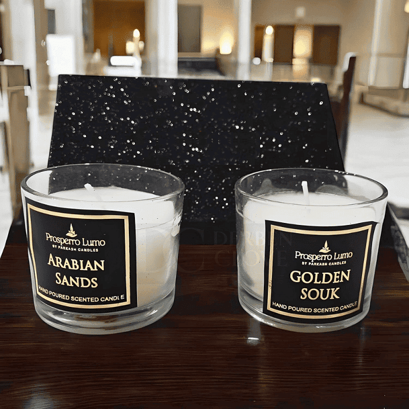 Derben Clove Luxury Soy Wax 2 Scented Glass Candles Gift Set – Premium Fragrance Arabian Sand & Golden Souk