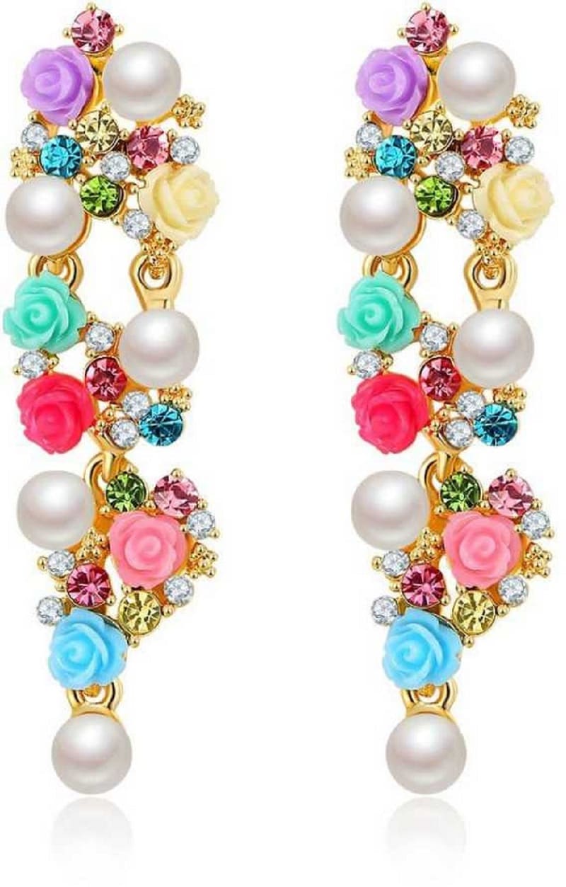 Floral Zircons Pearls Long Earrings for Girls and Women Multi Colour