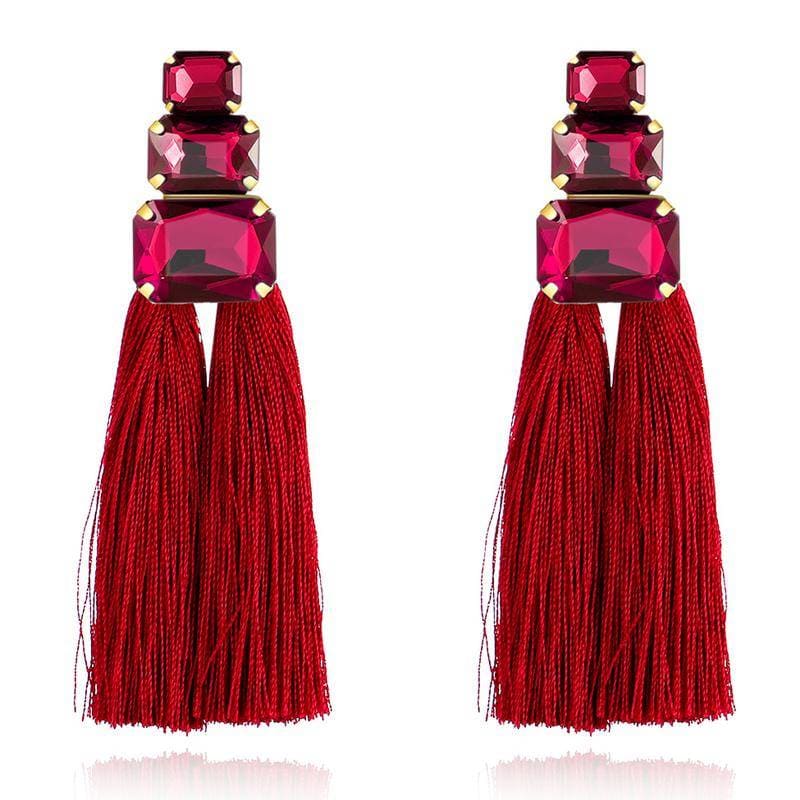 Korean Long Three Crystal Stud Thread Tassel Earrings for Girls Women