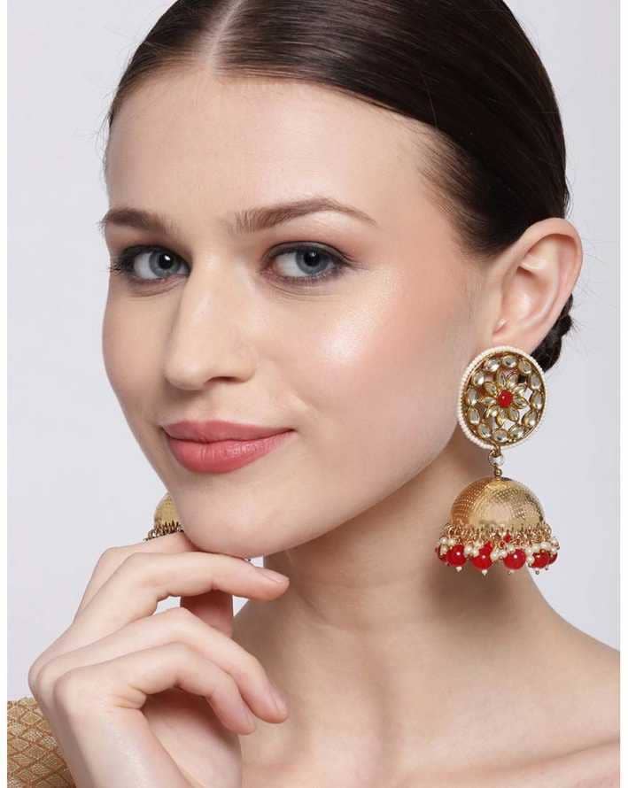 Traditional Dome Shaped Kundan Stud Red Pearls Golden Brass Jhumka