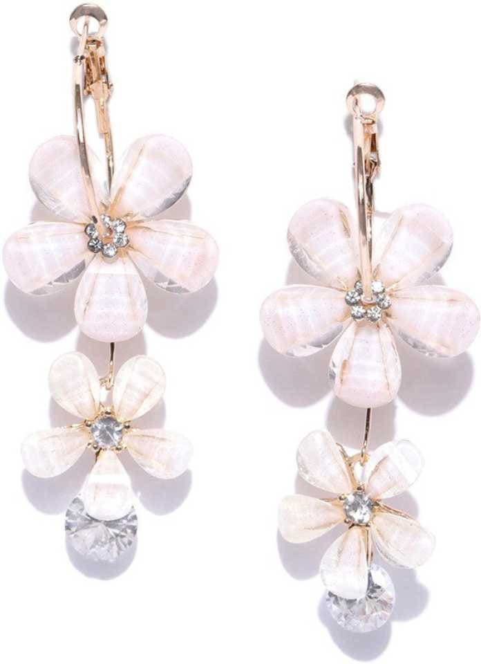 Beautiful Crystal Off White Camellia Flower Hoops Danglers for Girls