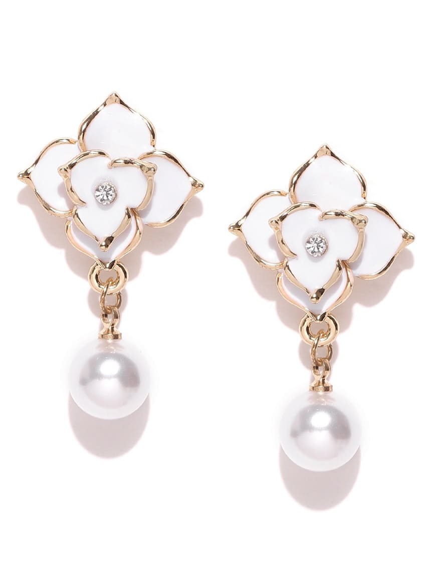 Scintillating Korean Floral Earring with Pearl Hanging for Girls White