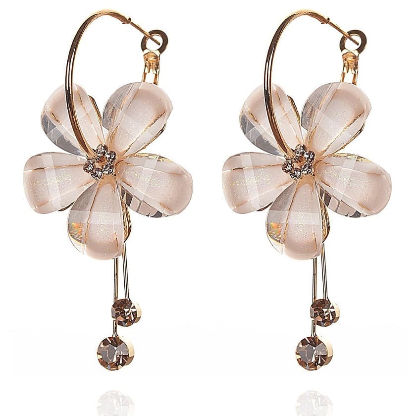 Gold Plated Crystal Camellia Flower Diamond Tassel Hoop Earrings