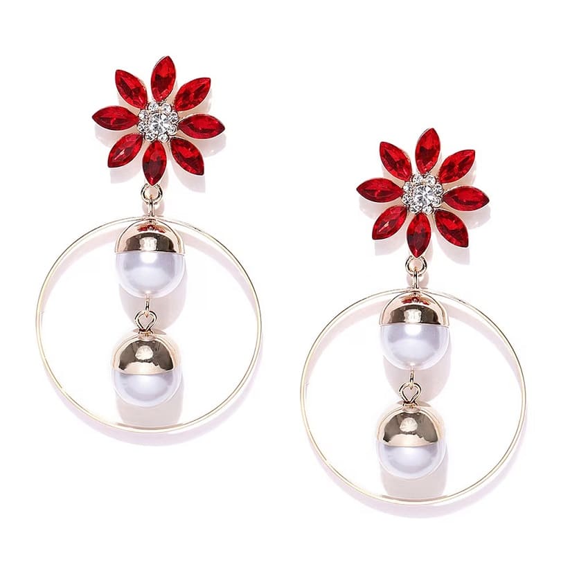 Beautiful Floral Pattern Hoop Earrings with White Pearl Hangings Red