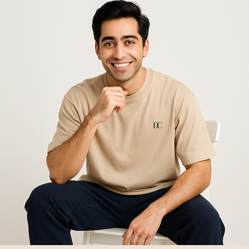 Plain Oversized T Shirt for Men Baggy Cotton Gym Tee Loose Fit - BEIGE