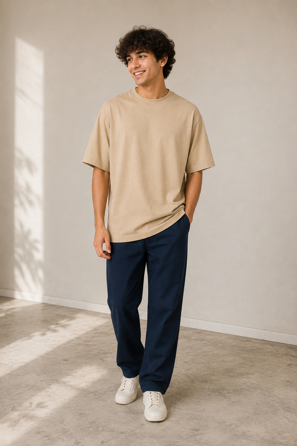 Plain Oversized T Shirt for Men Baggy Cotton Gym Tee Loose Fit - BEIGE