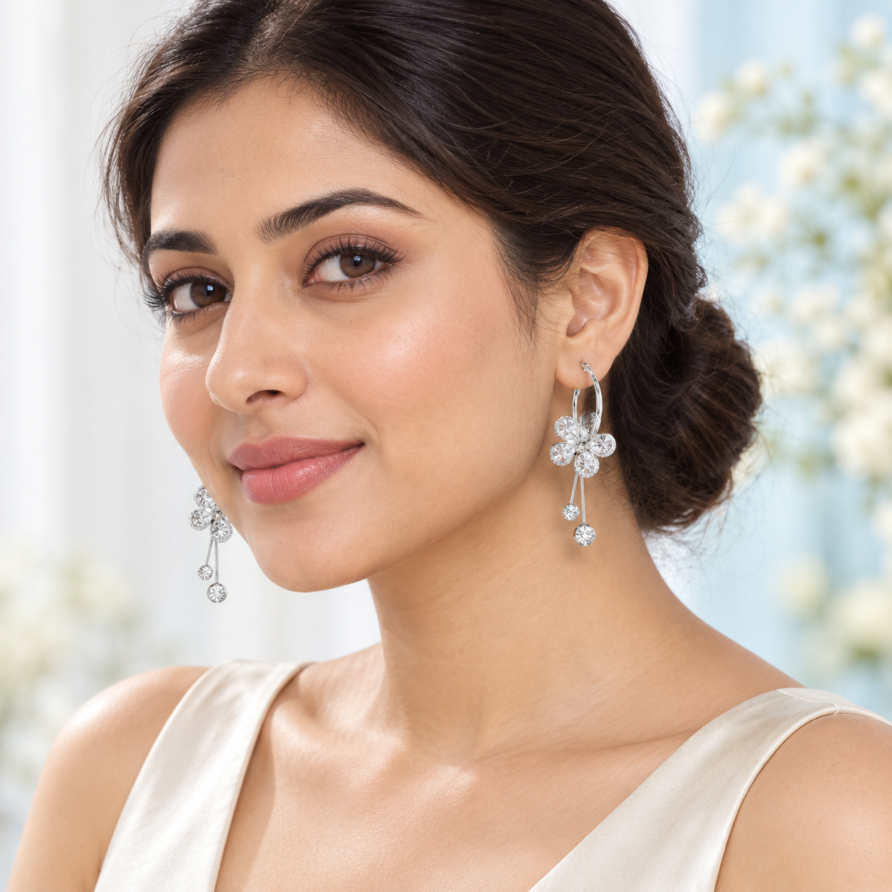 Shining Crystal Korean Sparkling Flower Hoop Earrings for Girls White