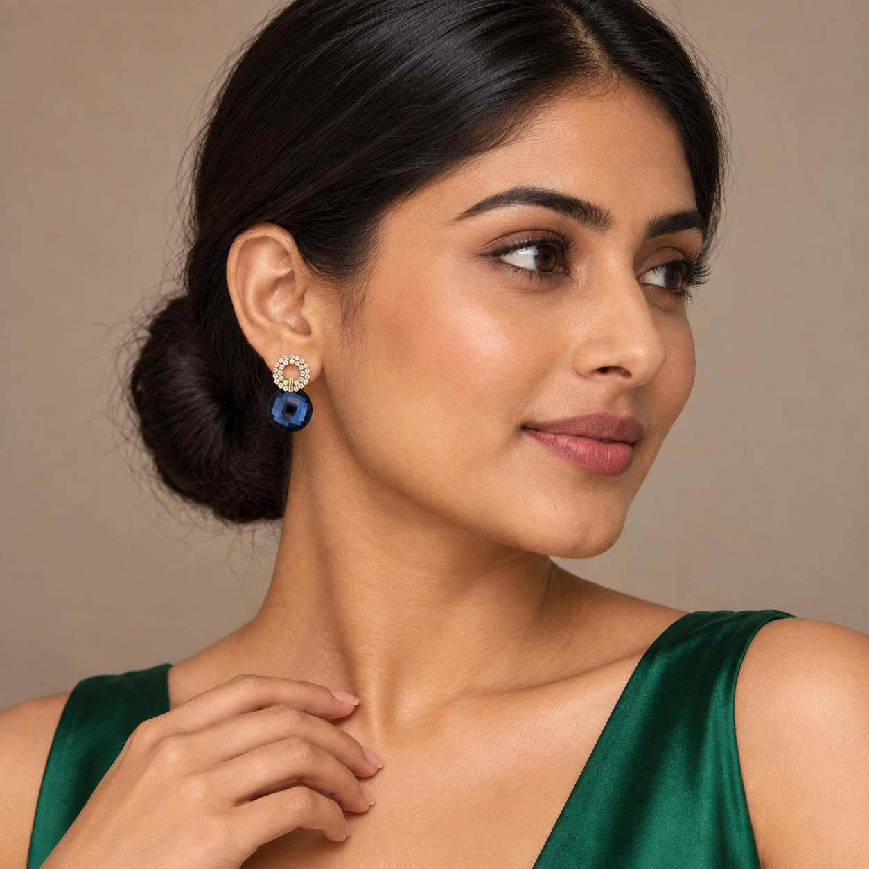 Gold-Tone Crystal Halo Navy Blue Drop Earrings for Women & Girls