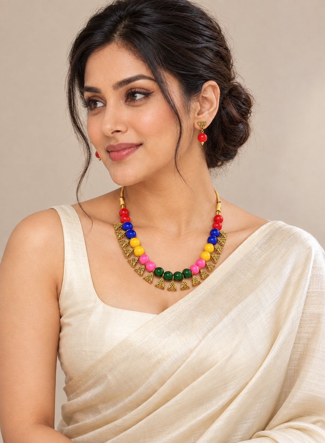 Beautiful Beaded Exclusive Brass Necklace Set for Women Multicolor