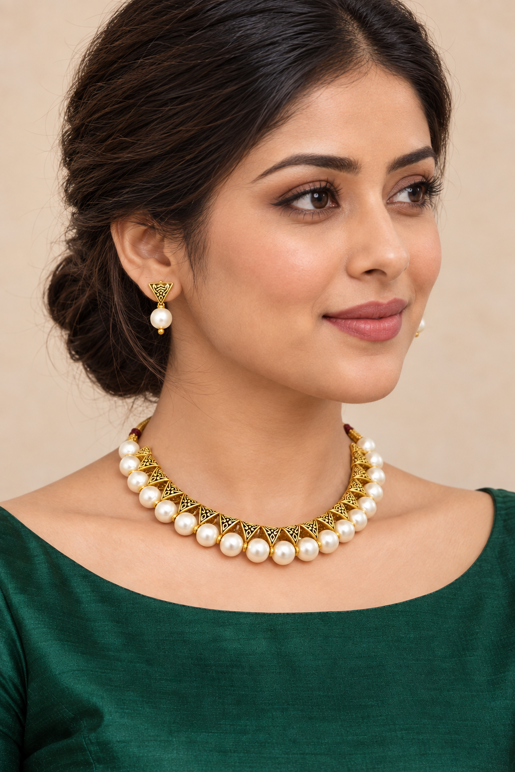 Beautiful Beaded Brass Artificial Necklace set White