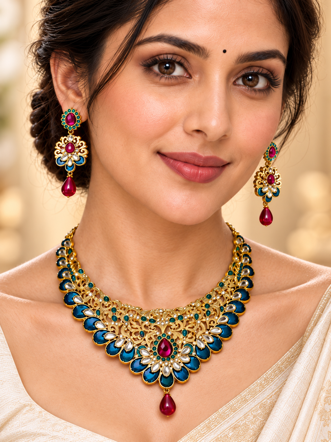 Derben Clove Gold-Toned Teal Blue & Pink Stone Necklace and Earring Set for Women