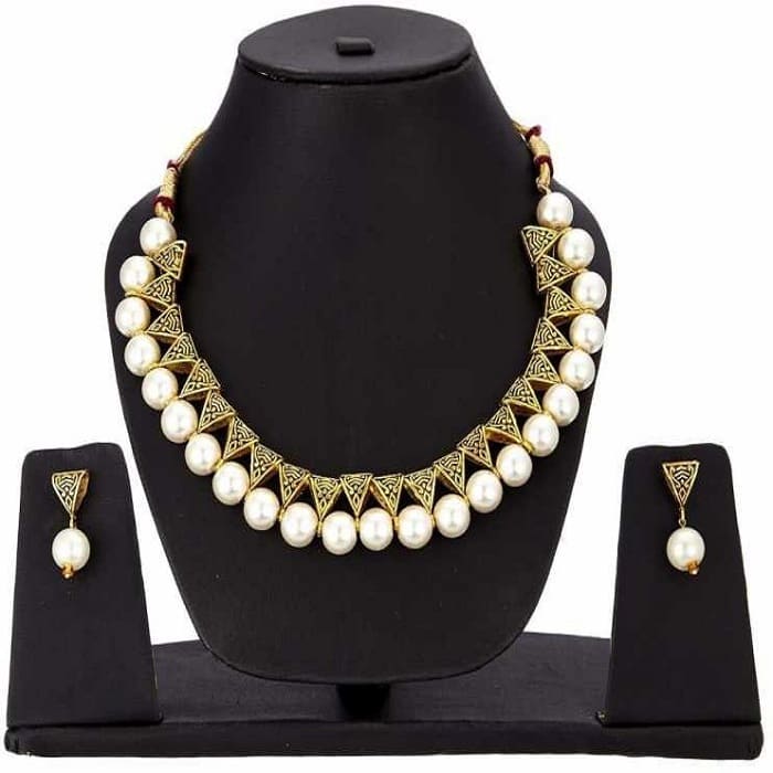 Beautiful Beaded Brass Artificial Necklace set White