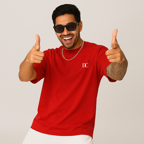 Red off shoulder cotton oversized t shirt men love for gym & casual