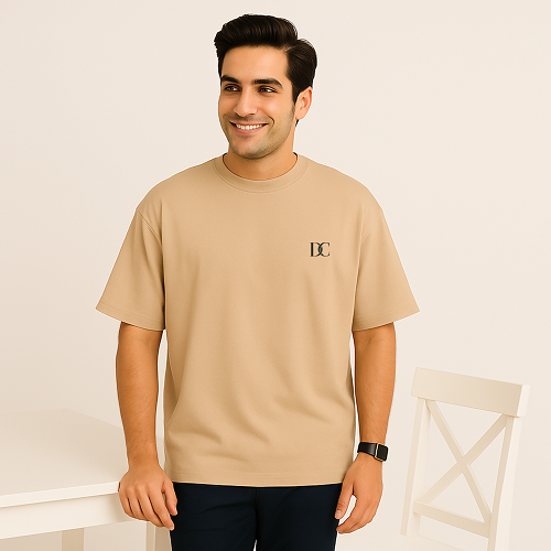Plain Oversized T Shirt for Men Baggy Cotton Gym Tee Loose Fit - BEIGE