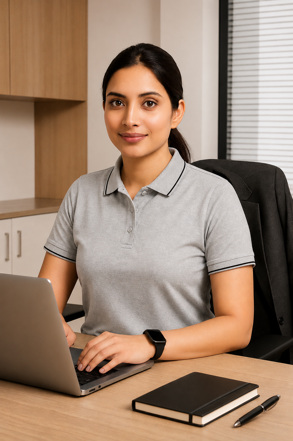 Grey formal polo t shirt for women with collar perfect for office wear