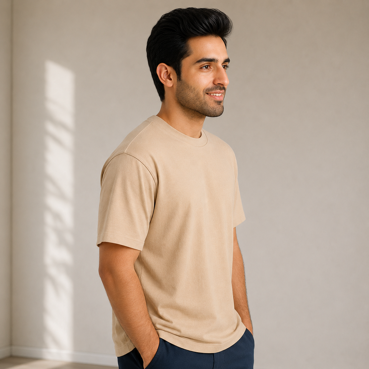 Plain Oversized T Shirt for Men Baggy Cotton Gym Tee Loose Fit - BEIGE