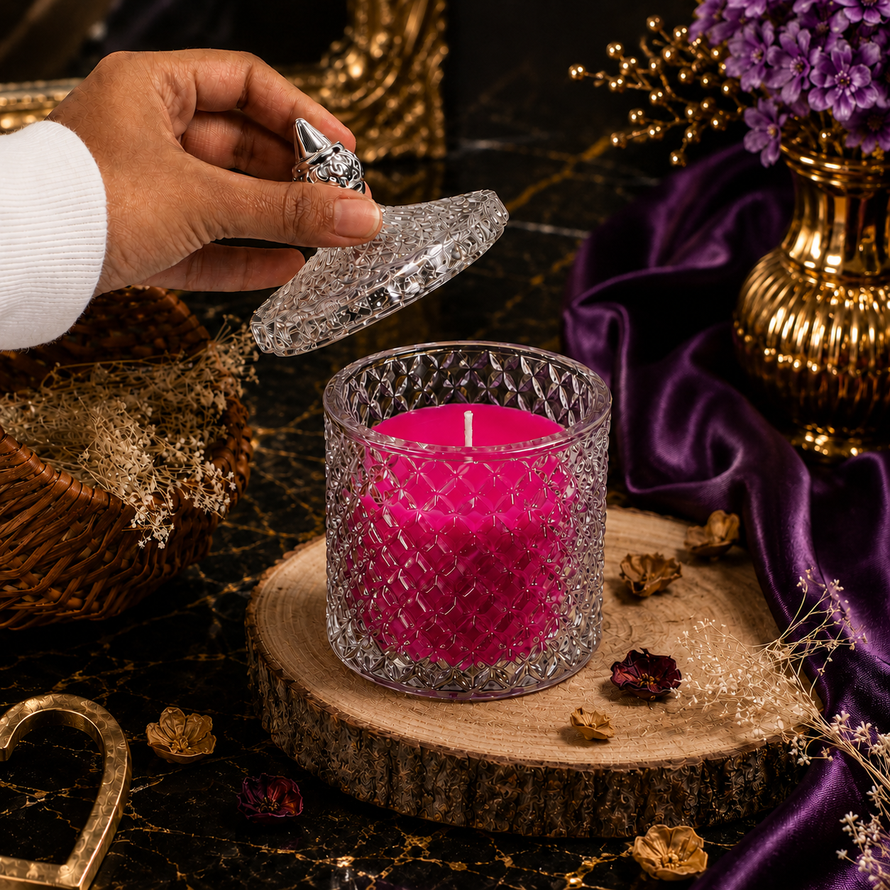 Premium Round Glass Jar Scented Candle - MAGENTA