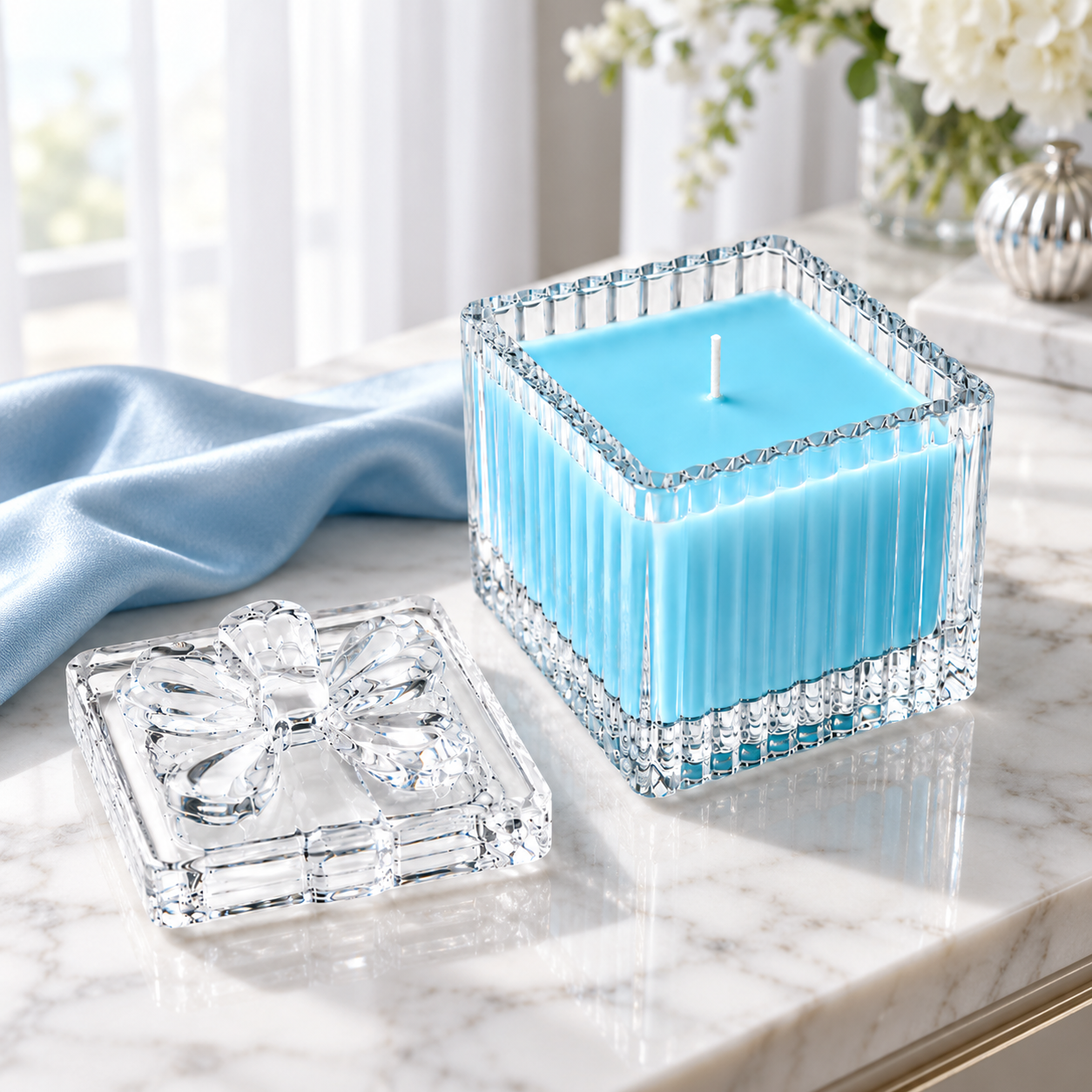Square Glass Jar Scented Candle with Crystal Lid SKYBLUE