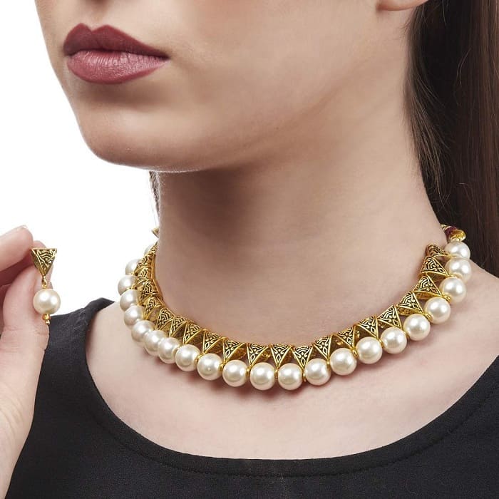 Beautiful Beaded Brass Artificial Necklace set White