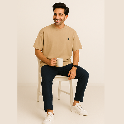 Plain Oversized T Shirt for Men Baggy Cotton Gym Tee Loose Fit - BEIGE