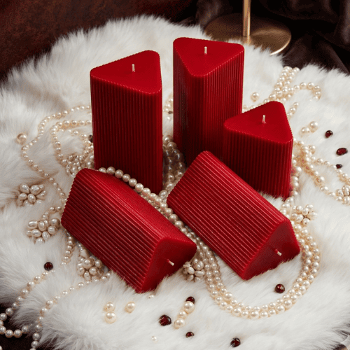 Large Triangle Ribbed Scented Pillar Candle RED