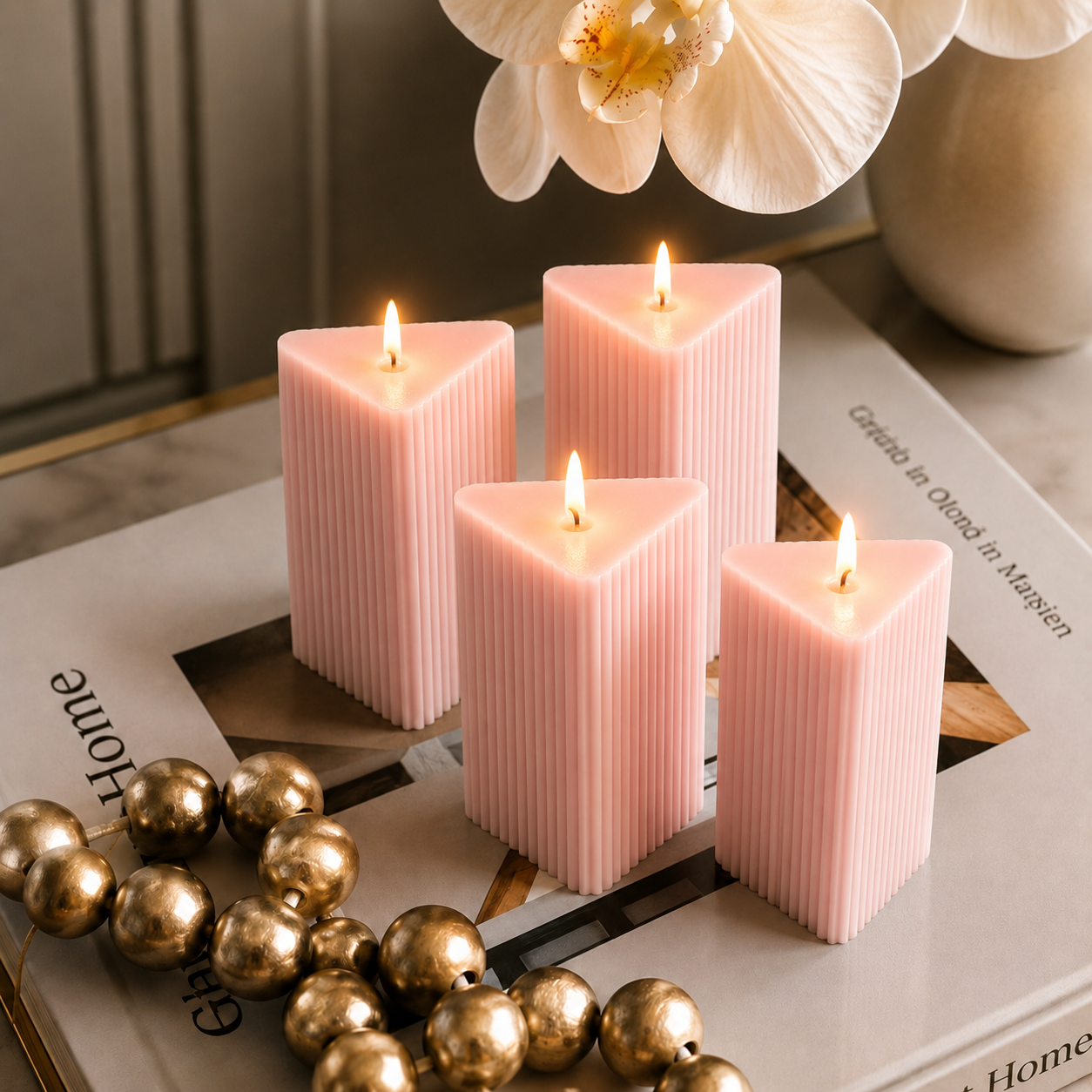 Large Triangle Ribbed Scented Pillar Candle PINK