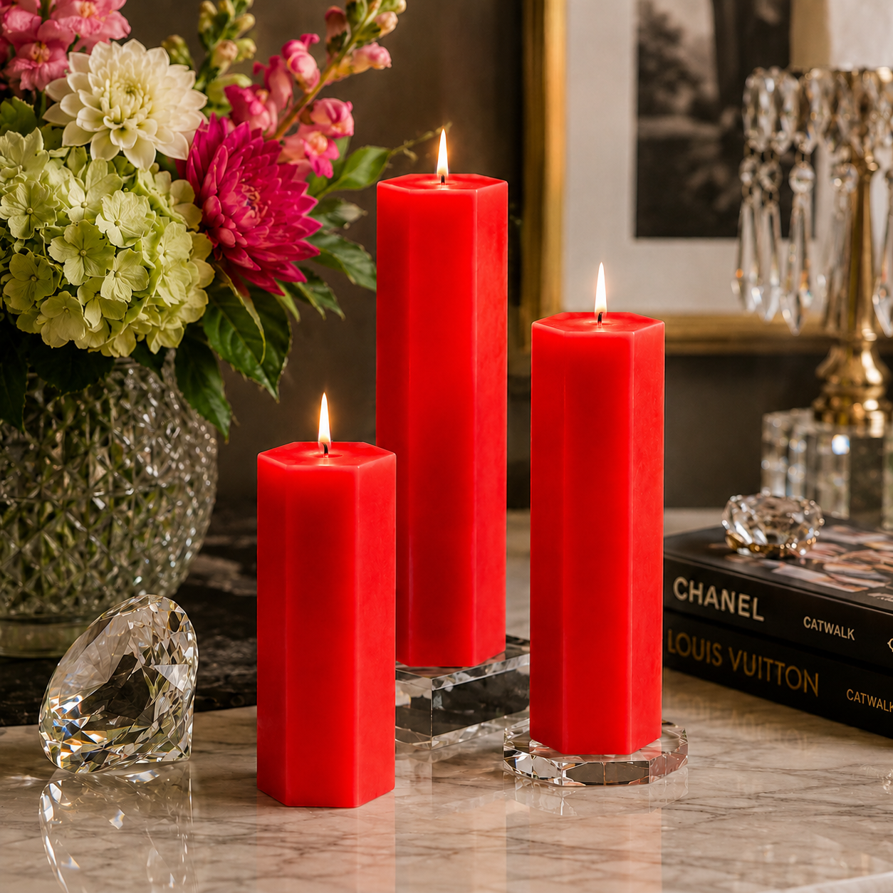 Large Hexagonal Scented Pillar Candle Red