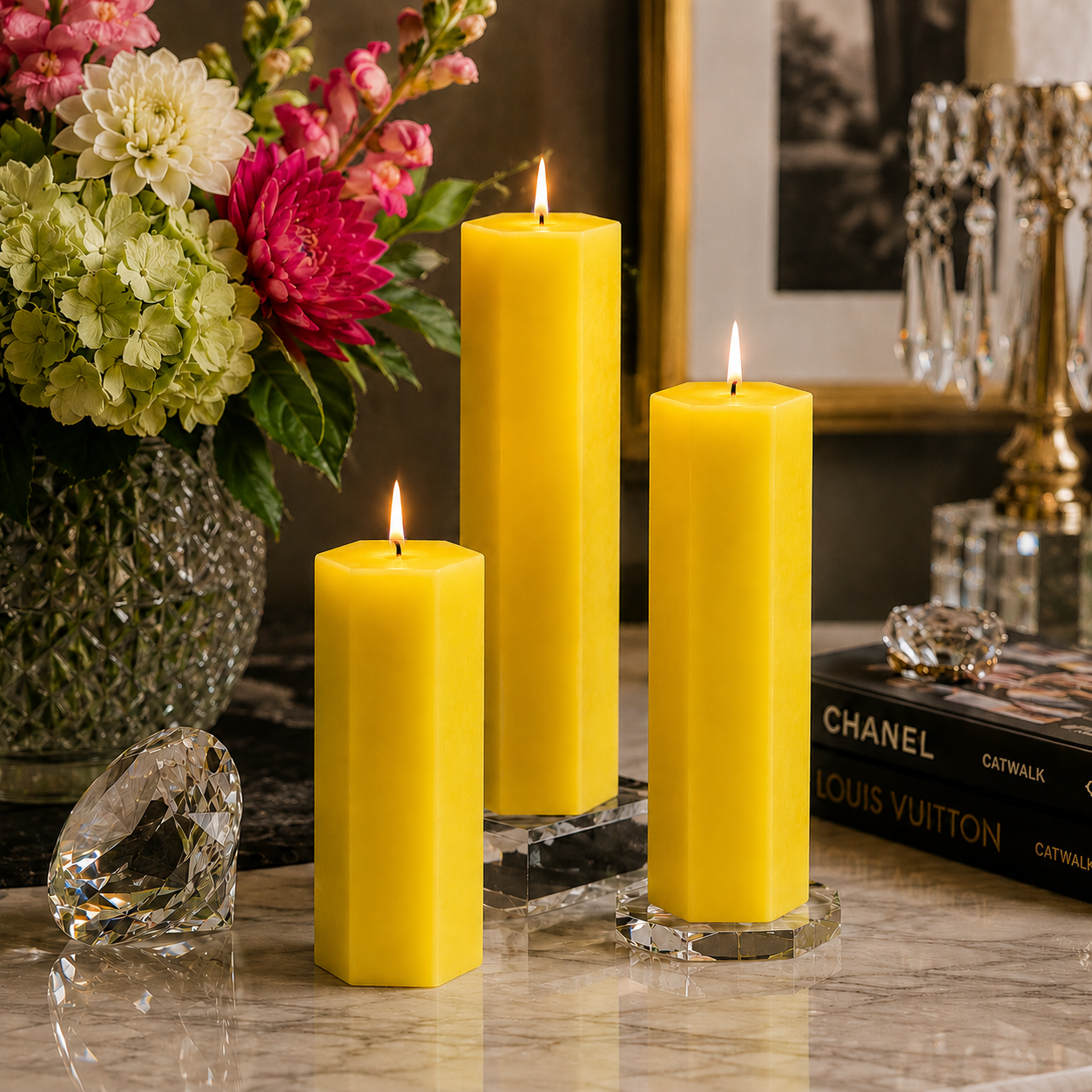 Large Hexagonal Scented Pillar Candle Yellow