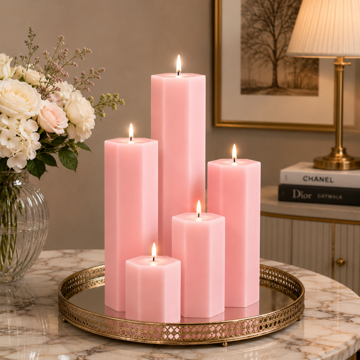 Large Hexagonal Scented Pillar Candle Pink
