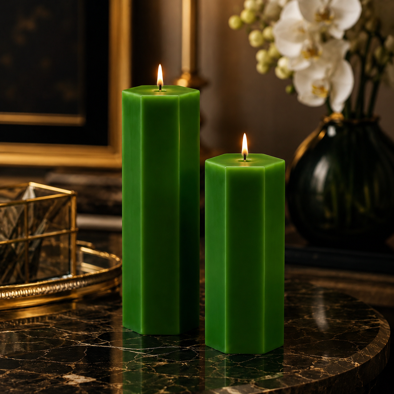 Large Hexagonal Scented Pillar Candle Green