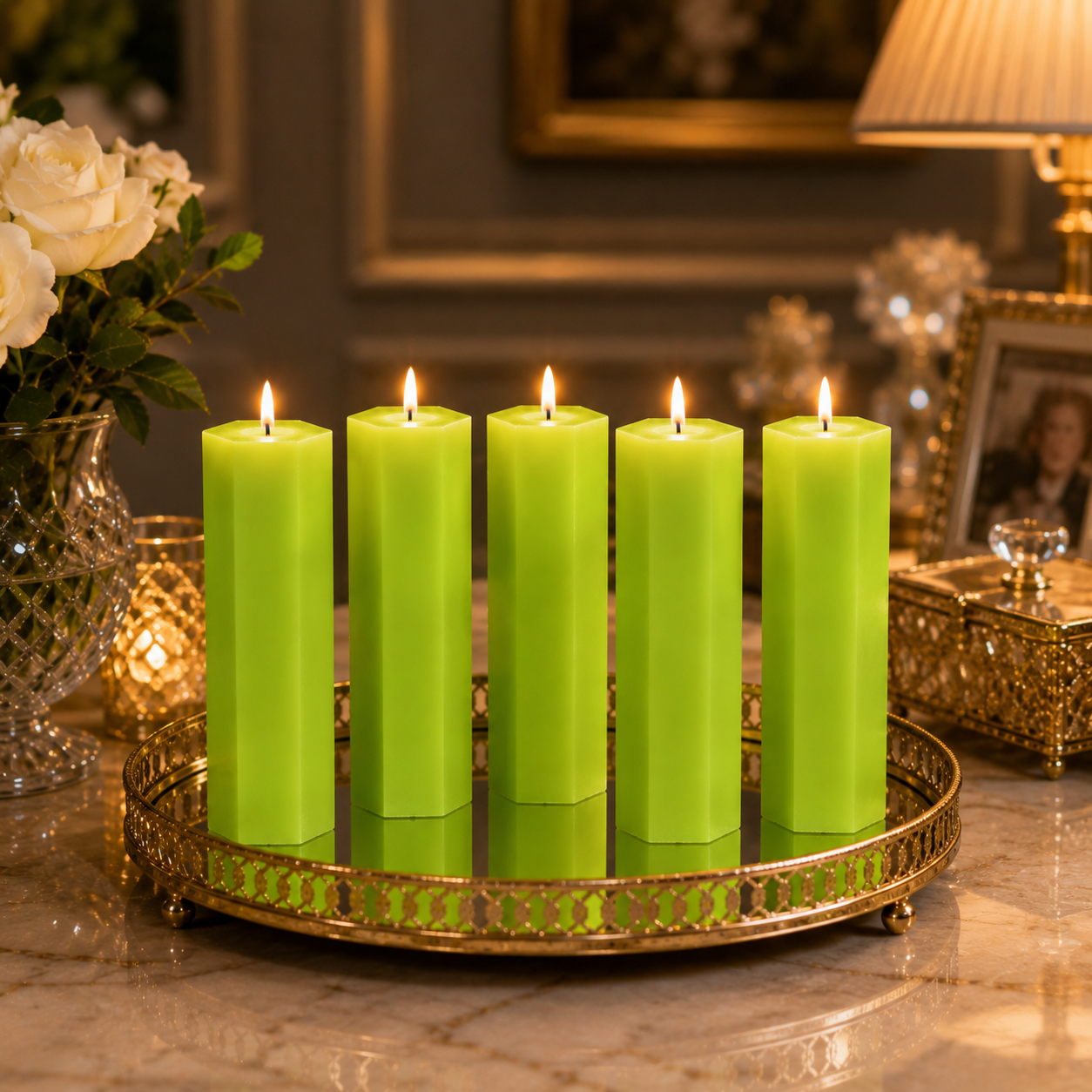 Large Hexagonal Scented Pillar Candle Light Green