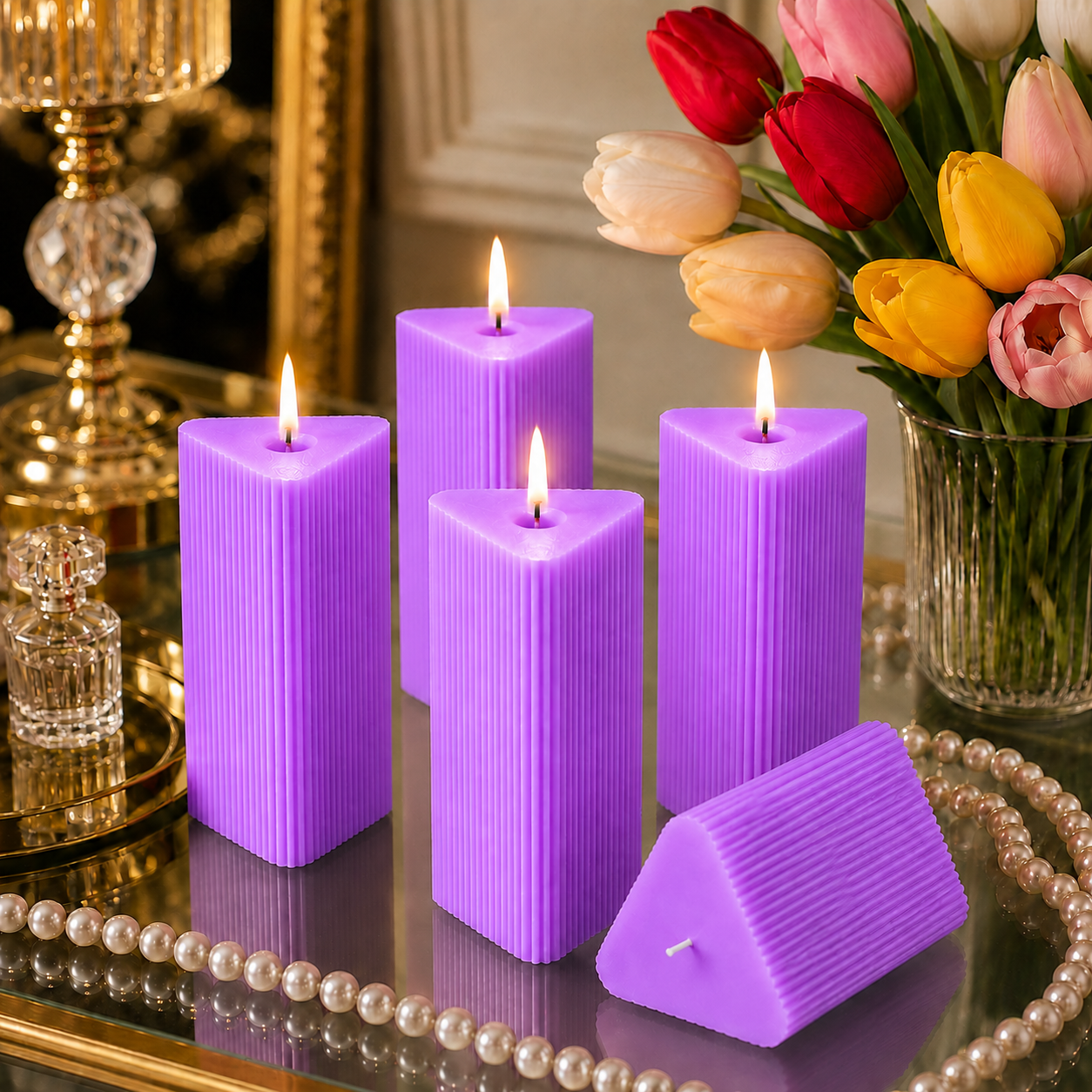 Large Triangle Ribbed Scented Pillar Candle Purple