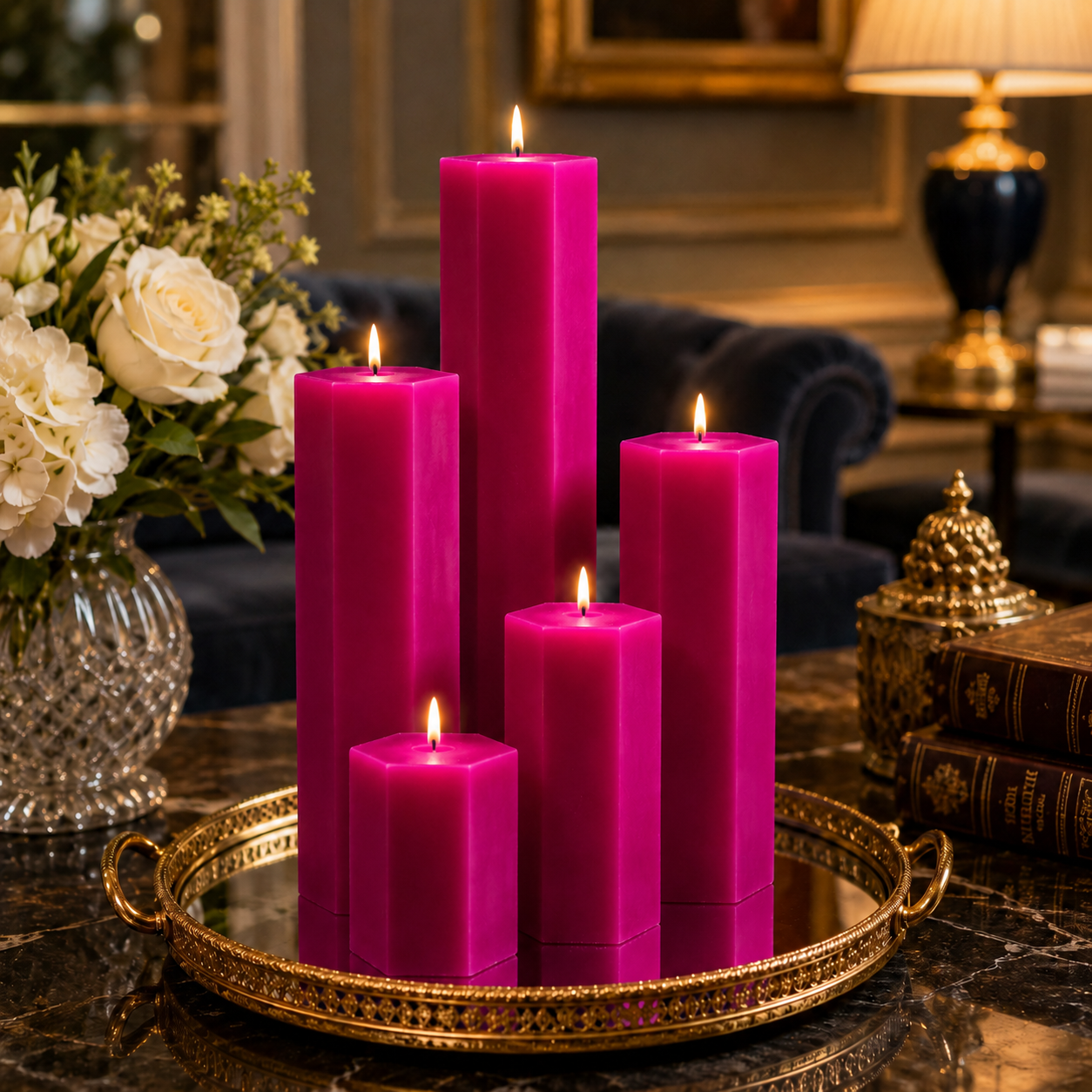 Large Hexagonal Scented Pillar Candle Magenta