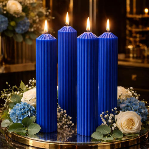 Premium Ribbed Tall Pillar Candle for Home Décor BLUE