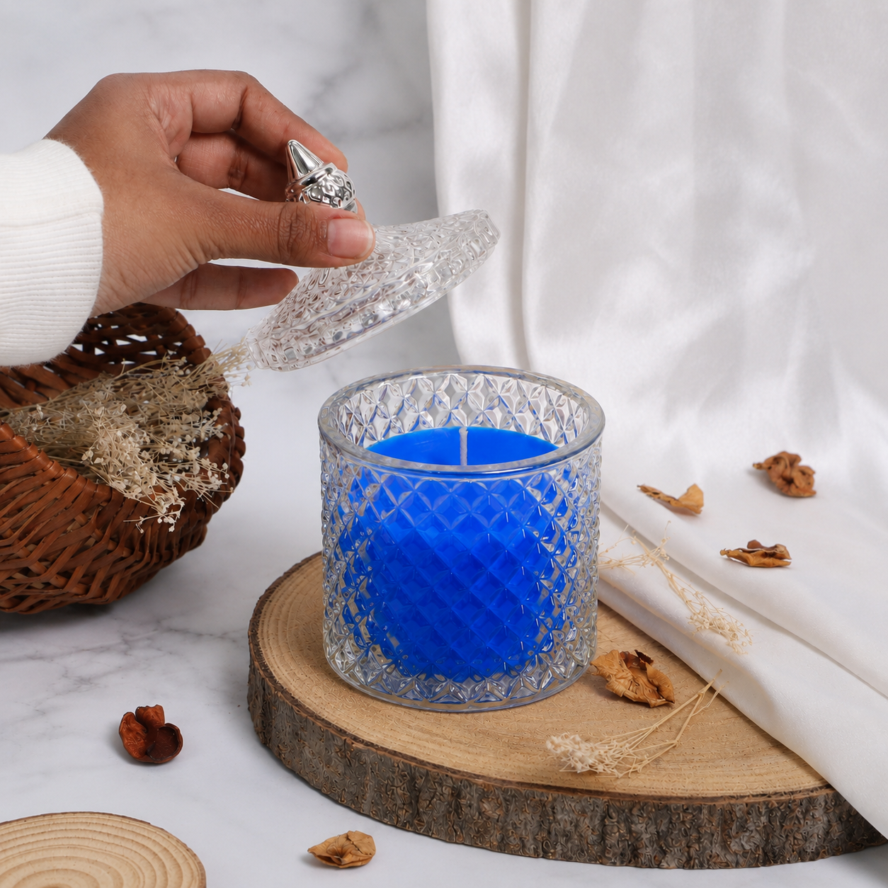 Premium Round Glass Jar Scented Candle - BLUE