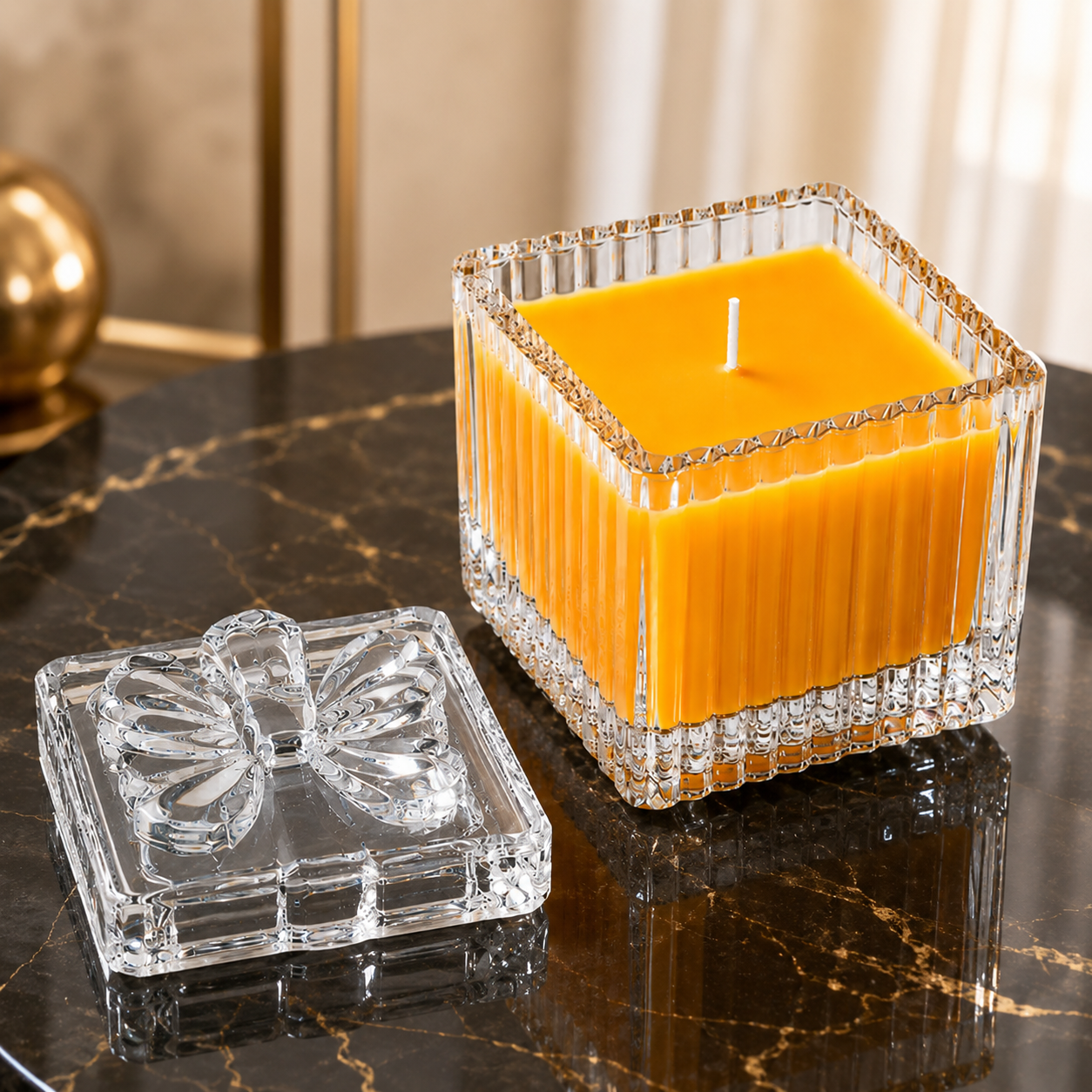 Square Glass Jar Scented Candle with Crystal Lid ORANGE