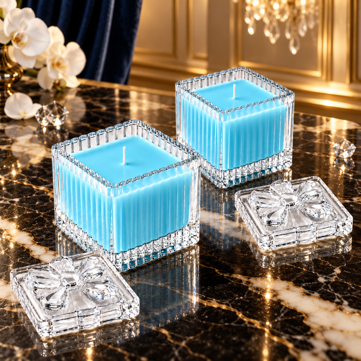 Square Glass Jar Scented Candle with Crystal Lid SKYBLUE