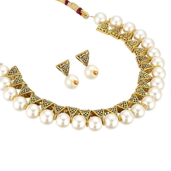 Beautiful Beaded Brass Artificial Necklace set White