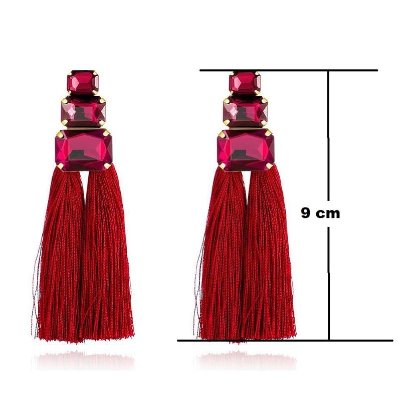 Korean Long Three Crystal Stud Thread Tassel Earrings for Girls Women