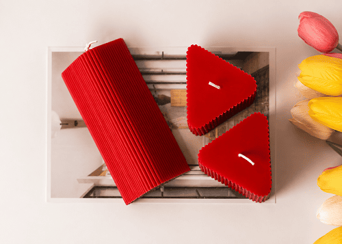 Large Triangle Ribbed Scented Pillar Candle RED