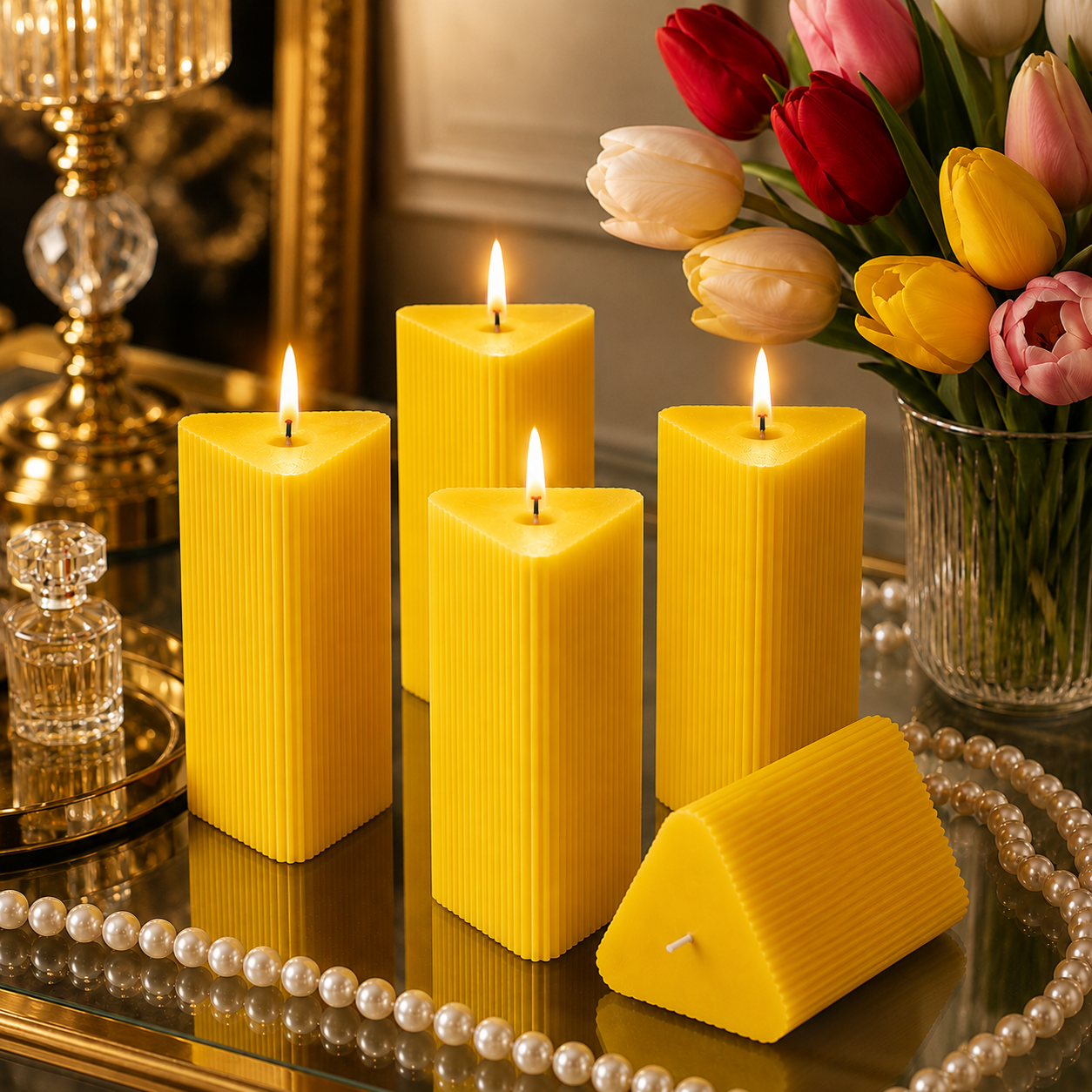 Large Triangle Ribbed Scented Pillar Candle YELLOW