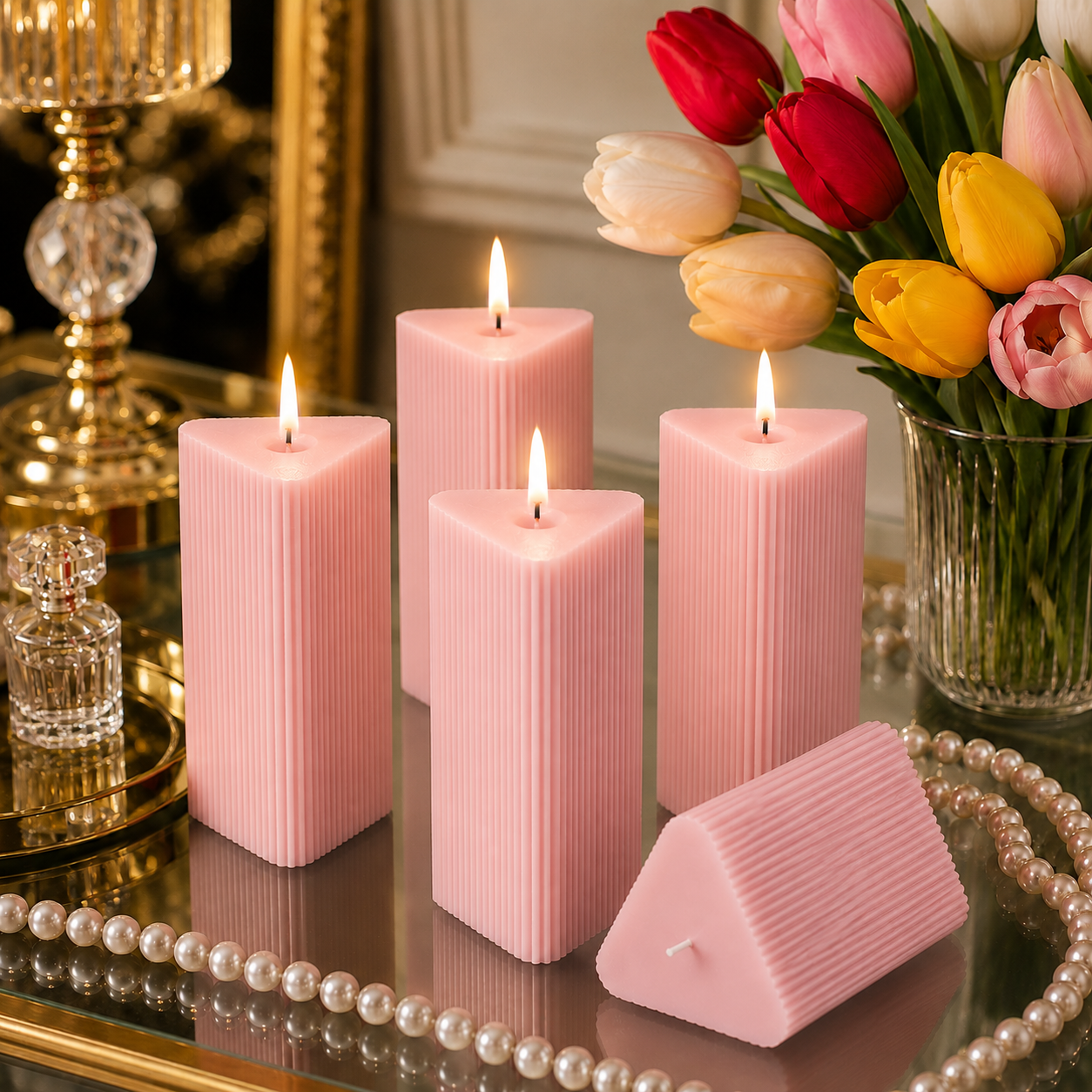 Large Triangle Ribbed Scented Pillar Candle PINK