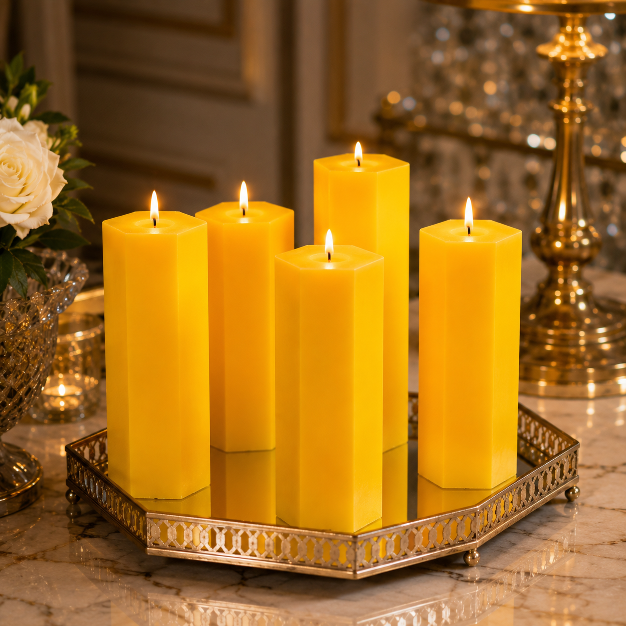 Large Hexagonal Scented Pillar Candle Yellow