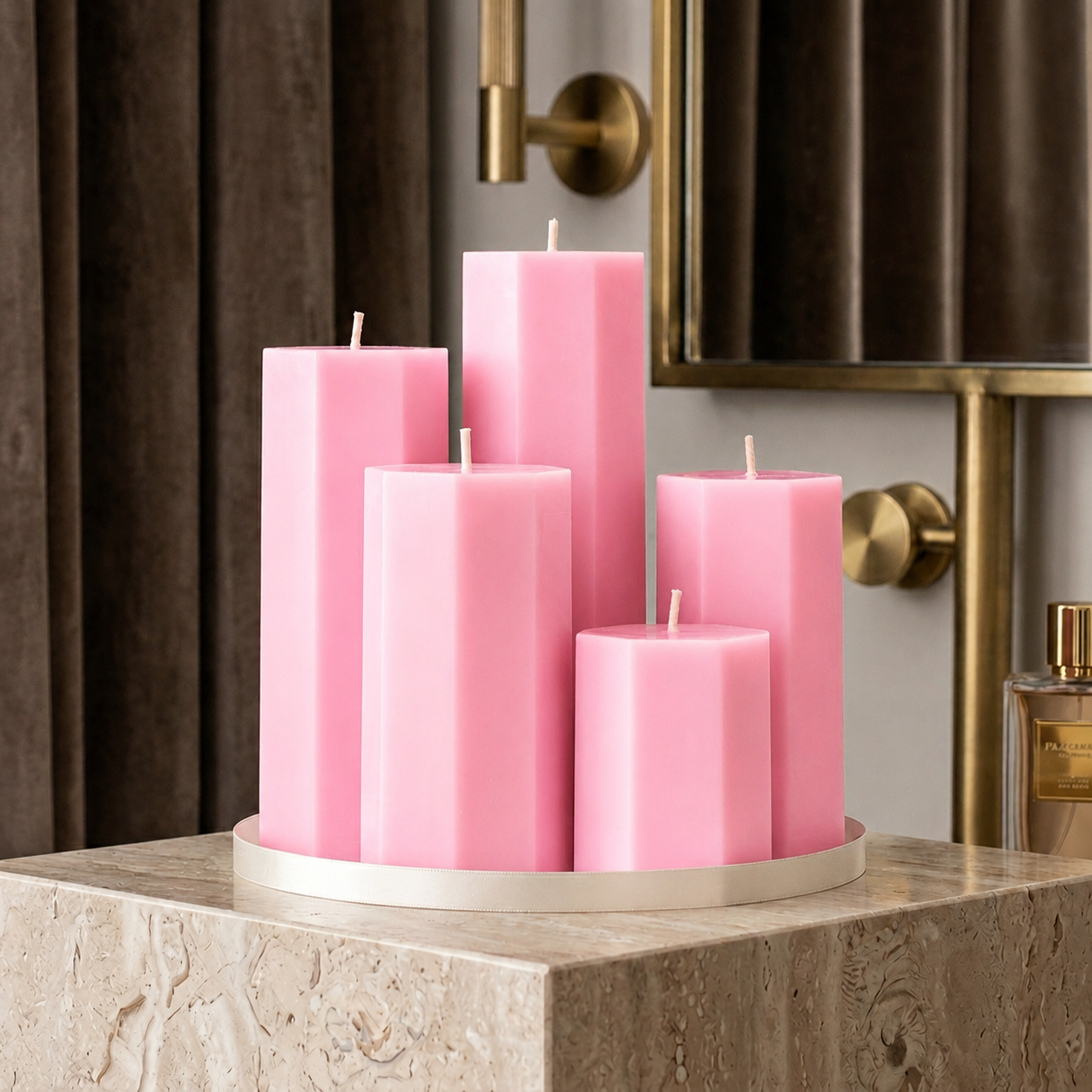 Large Hexagonal Scented Pillar Candle Pink