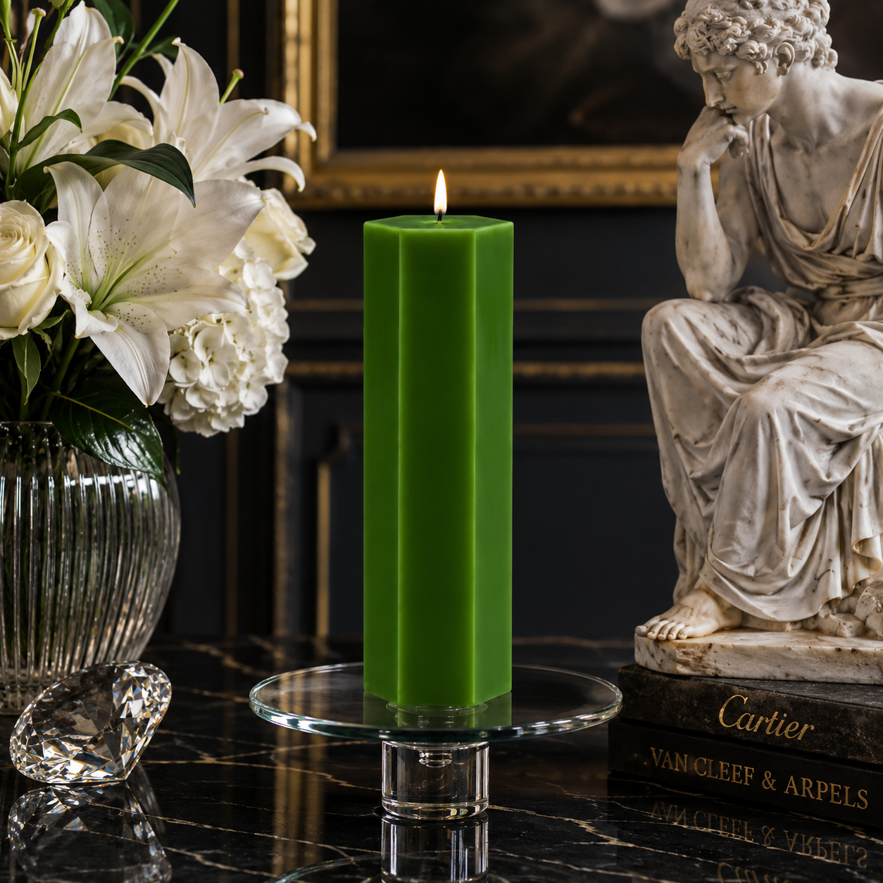 Large Hexagonal Scented Pillar Candle Green