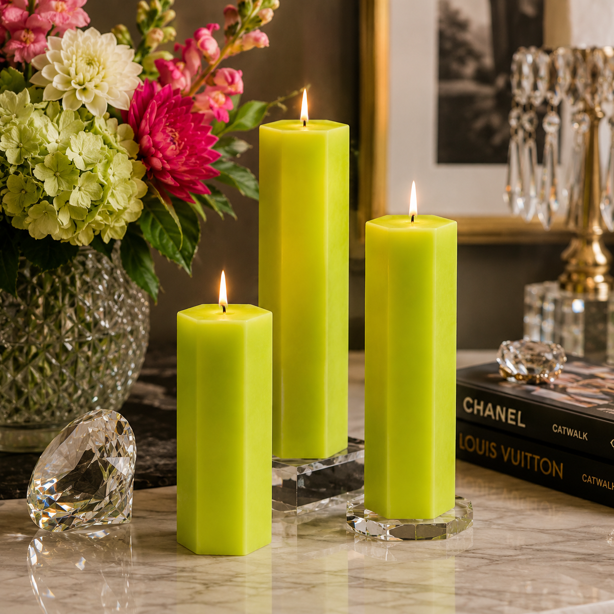 Large Hexagonal Scented Pillar Candle Light Green