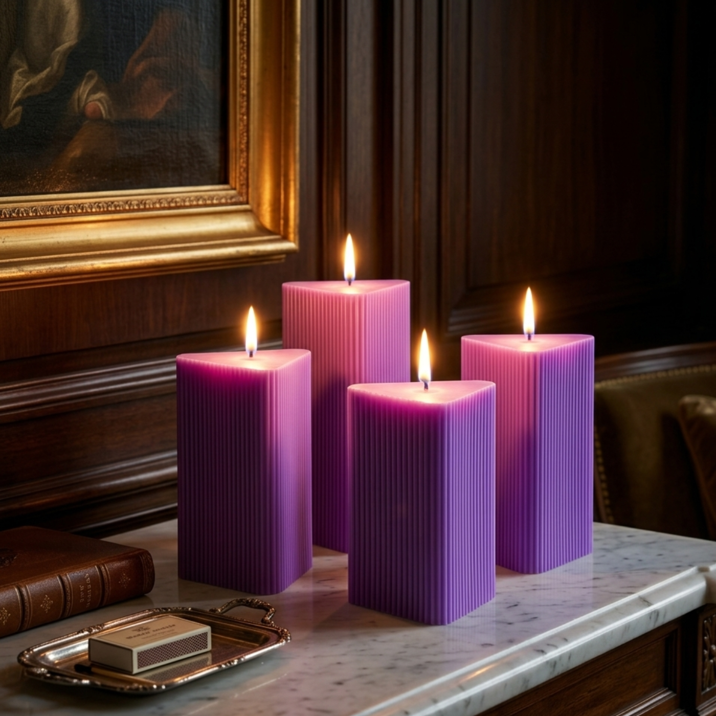 Large Triangle Ribbed Scented Pillar Candle Purple