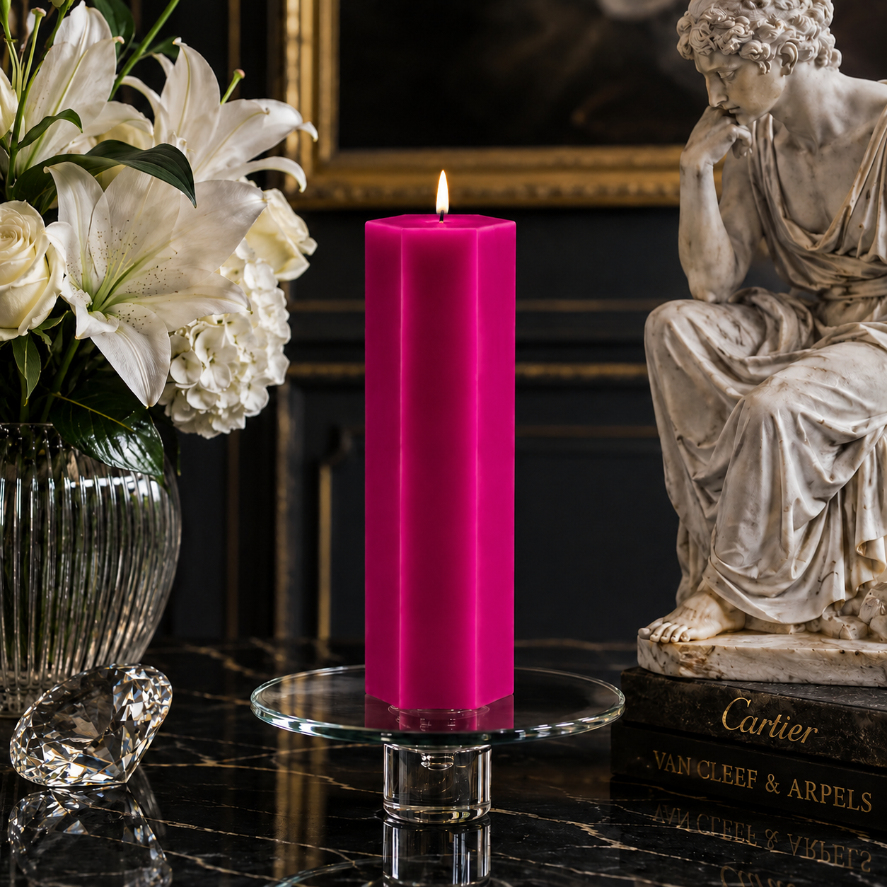 Large Hexagonal Scented Pillar Candle Magenta