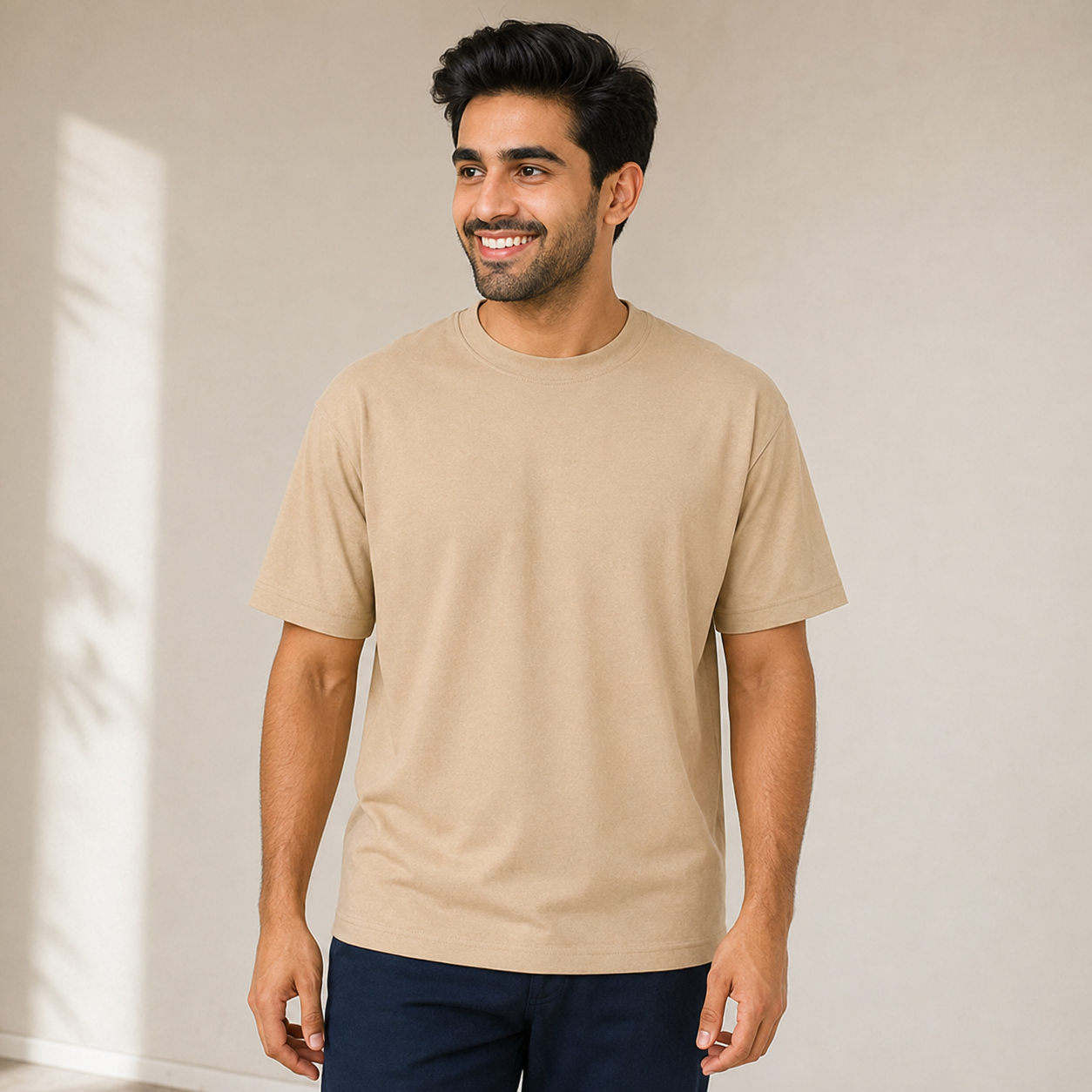 Plain Oversized T Shirt for Men Baggy Cotton Gym Tee Loose Fit - BEIGE