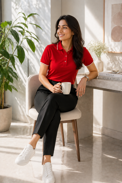 Polo Neck Tshirt Bold Red Collar Women Formal Wear